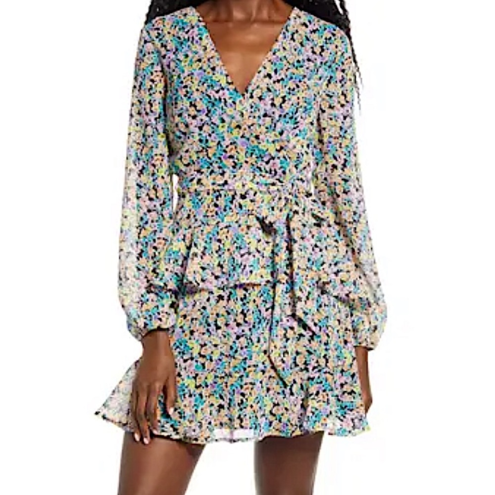 Leith Dress Floral Mini Long Sleeve Wrap Boho Women Casual Ruffle V Neck L